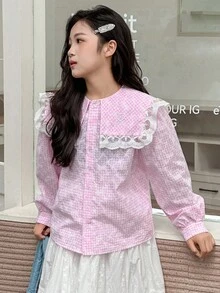 女童格子长袖梭织衬衫（秋季） - 粉色 - 查看 4