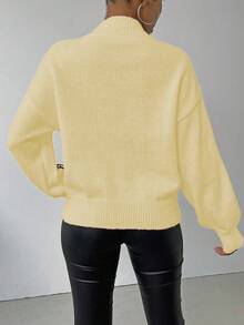SHEIN LUNE 女士休闲宽松立领落肩长袖毛衣，秋冬 - 鵝黃色 - 查看 2