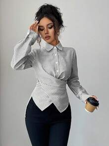 Elenzga Áo cánh sọc chéo màu vàng mù tạt cỡ tiêu chuẩn dành cho nữ - Đen và trắng - Xem 7