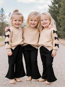Emery Rose Kids Emery Rose Kids 2件組女孩純色圓領休閒衛衣與喇叭褲套裝，開學季夏季校園兒童穿搭，青少年蝴蝶結袖秋季上衣 - 卡其色 - 查看 3