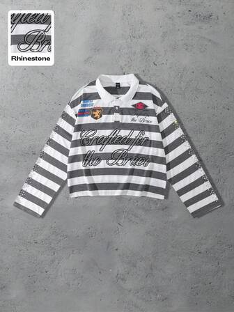 Street Life Camisa polo de manga larga con rayas y diamantes brillantes, corte holgado para hombre, otoño