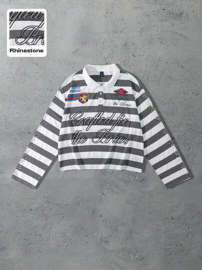 Street Life Men Sparkling Diamond Preppy Striped Loose Fit Long Sleeve Polo Shirt, Fall