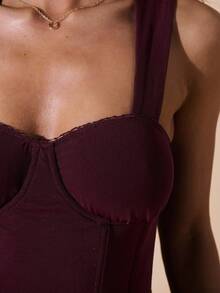 SHEIN BAE Áo dệt kim lưới đơn giản màu đỏ rượu vang dành cho nữ mùa thu, quần áo mùa đông cho nữ, trang phục Halloween cho nữ, quần áo Giáng sinh cho nữ, áo gợi cảm, áo corset đỏ, áo corset màu đỏ rượu vang. - màu nâu - Xem 7