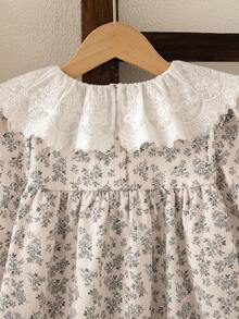 SHEIN Genkimix Kids 1 件女童少女碎花宽松长袖连衣裙，优雅领口花朵设计，秋季休闲百搭连衣裙 - 杏色 - 查看 7