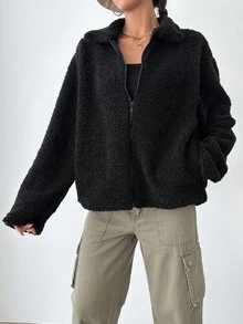 EURMUSE Zip Up Drop Shoulder Teddy Coat - Black - View 5