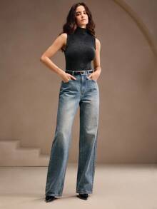 Anewsta Jeans rectos de mujer con efecto desgastado y adornos de rhinestones - Azul - Ver 7