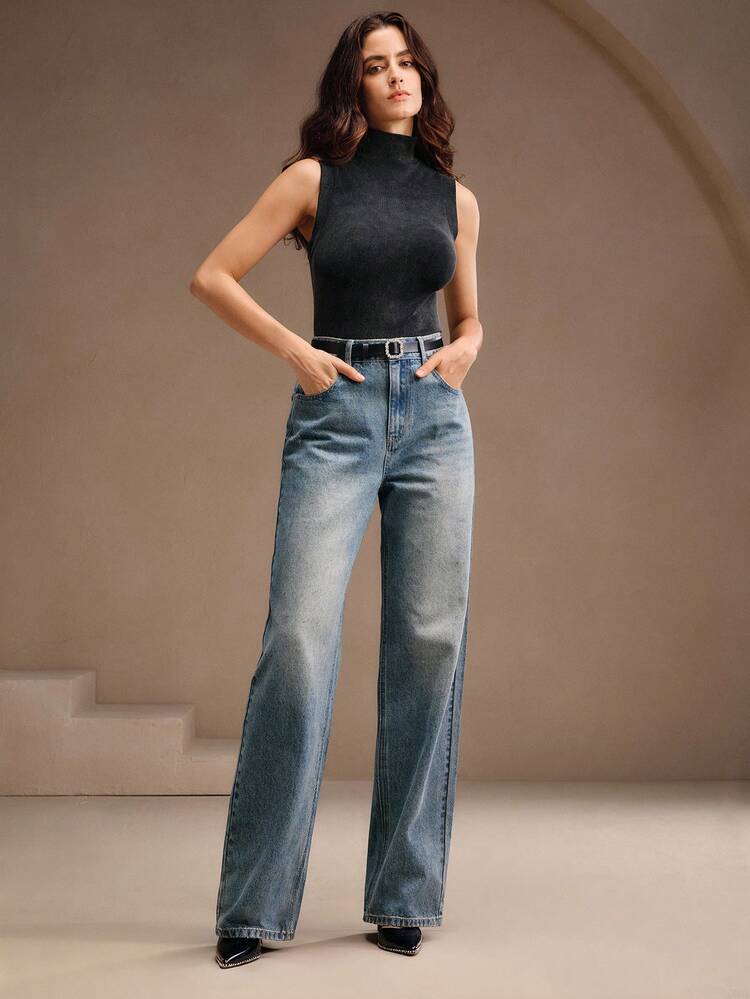 Women's Casual Distressed Rhinestone Embellished Straight Leg Jeans