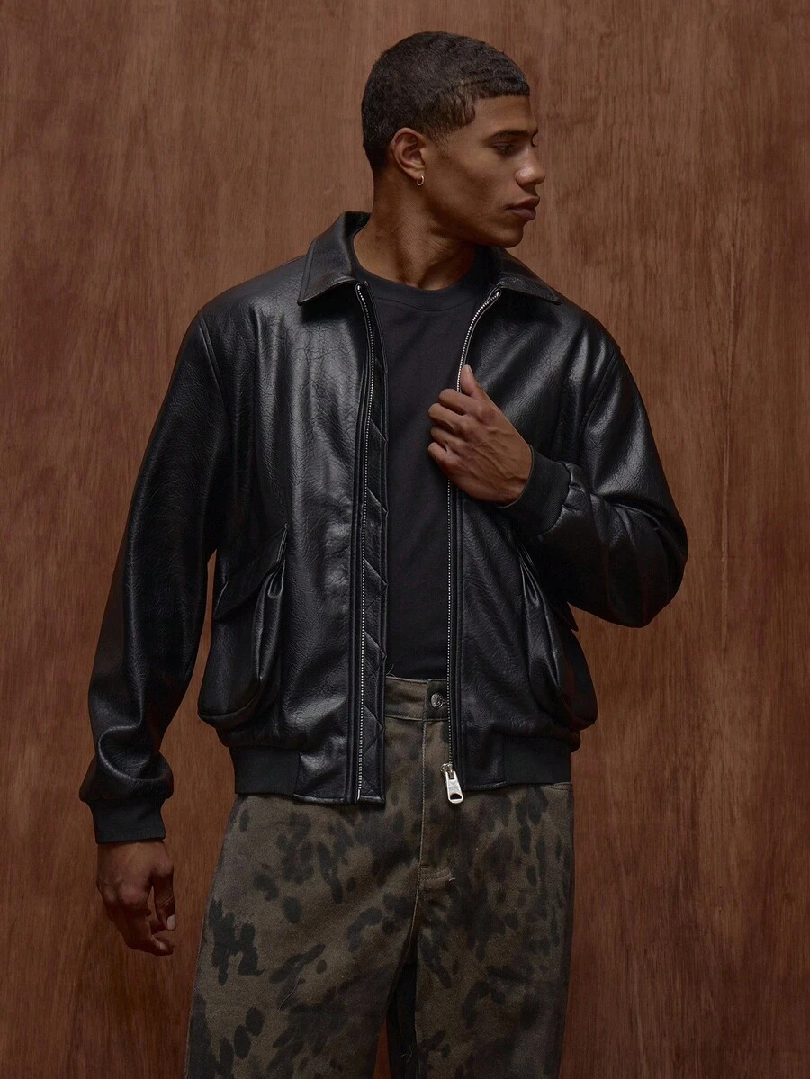 Musero 男式裂纹 PU 卡车司机翻盖口袋拉链皮夹克秋冬装