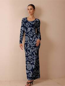 Glamance Shutterstock 藏蓝色复古印花休闲优雅修身弹力连衣裙，适合日常穿着、工作、外出、办公室、旅行、派对、约会等场合，秋冬季外出优雅连衣裙，时尚别致的服装系列 - 彩色 - 查看 2