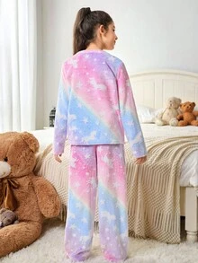 SHEIN Tween 女孩秋冬毛绒珊瑚绒睡衣套装，可爱卡通独角兽，星星和扎染印花，反光印花，柔软舒适，舒适法兰绒家居服，两件套睡衣套装 - 彩色 - 查看 2