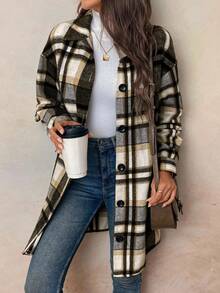 SHEIN LUNE Women's Casual Long Sleeve Plaid Shirt-Style Coat Flannel Jacket Women Plaid Shirt Jacket Women Fall Jackets Women Women Plaid Shirts Plaid Shacket Flannels For Women Plaid Button Up Plaid Shirt Women Fall Women Clothes Women Plaid Coat - Black - View 7