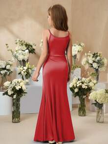 SHEIN 青少年女孩优雅简约时尚无袖高腰开衩连衣裙，纯色缎面闪亮面料，高端礼服，花童礼服，酒红色，毕业季 - 酒紅色 - 查看 2