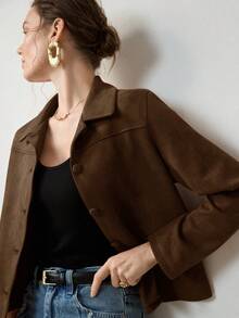 Uhlyne 女士复古经典复古硬币设计优雅休闲西装外套，配有仿口袋和纽扣，简约通勤夹克 - 咖啡棕 - 查看 3