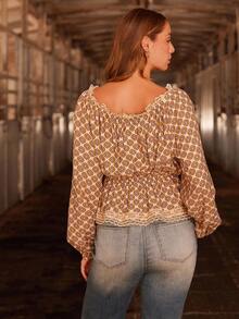 WESTFADE Floral Scoop Neck Long Sleeve Peplum Button Front Top Cute Fall Top For Women Country Concert - Yellow - View 5