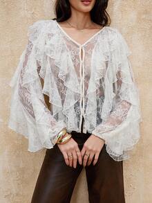 SHEIN Privé Blusa de moda sexy con parche de encaje, volantes y abotonadura sencilla para mujer - Albaricoque - Ver 7