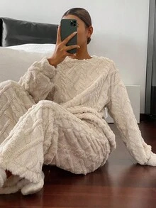 DAZY 女士加厚抓绒宽松蓬松睡衣套装，秋冬服装，舒适保暖 - 卡其色 - 查看 8