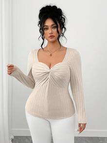 Elenzga Plus Twist Front Sweetheart Neck Tee - Beige - View 3