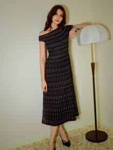 MOTF PREMIUM STRIPED ASYMMETRICAL SHOULDER SWEATER DRESS - Black - View 8