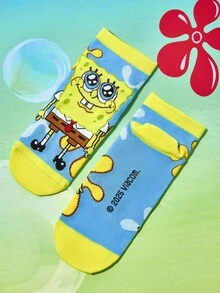 SpongeBob SquarePants | SHEIN 4 双可爱卡通女士柔软透气吸湿排汗短袜时尚休闲短袜加固脚趾和脚跟耐用所有季节百搭夏季冬季，Patrick，Squidward，Sandy - 彩色 - 查看 9