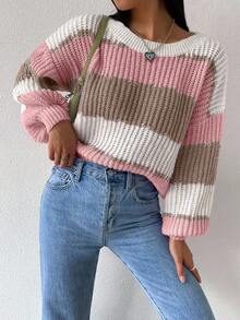 Chiquease 女士休闲宽松撞色圆领落肩长袖毛衣，秋季 - 彩色 - 查看 5