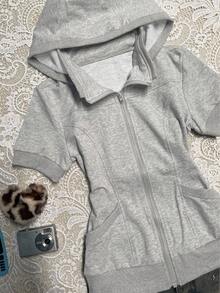 INAWLY 女士花卉印花短袖抽绳连帽运动衫，户外运动休闲 - 淺灰色 - 查看 5