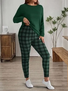 EMERY ROSE Bộ áo phông đen và quần legging kẻ caro cỡ lớn cho mùa đông dành cho nữ - xanh quân đội - Xem 5