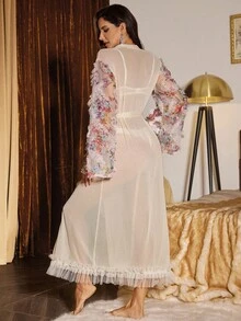 Slumberist Women's Luxury Robe: Apricot 3D Floral Fabric, Elegant Floral Print, Luxurious Oversized Sleeve With Floral Trim Hem Robe, Suitable For Wedding, Morning Robe - Apricot - View 2