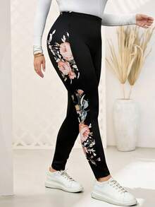 Rosumi Leggings de tallas grandes para mujer con parches estampados, pantalones ajustados - Negro - Ver 8