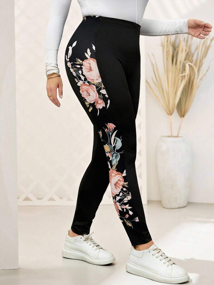 Rosumi Plus Size Women's Printed Patchwork Leggings, Tight-Fitting Pants,Spring