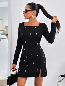 SHEIN Cottnline Women's Solid Long Sleeve Rhinestone Detailed Mini Dress - Black - View 5