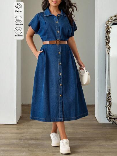 EURMUSE Plus Size Belted Detailed Long Dress Denim Midi Dress Denim Dress Summer Dresses For Women Women Denim Dresses Curve Denim Dress