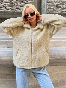 EURMUSE 拉链落肩泰迪外套，女士春秋休闲口袋，拉链落肩漏斗领常规版型米色纯色女士外套，休闲日常穿着 - 米色 - 查看 5