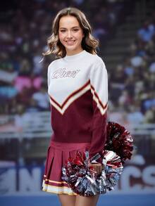 SHEIN Sports Women's Letter Striped Crew Neck Loose Fit Casual Sweater, Cheerleader Outfit - Red - View 1