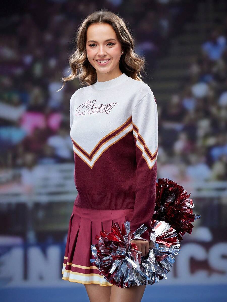 SHEIN Sports Women's Letter Striped Crew Neck Loose Fit Casual Sweater, Cheerleader Outfit - Red - View 1