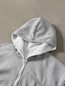 Manfinity Roghcode Manfinity Streetrush Men's Solid Color Hooded Casual Zip-Up Grey Jacket, Fall Winter - Light Grey - View 5