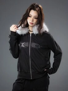 Bloopia韩国街头亚文化休闲时尚个性焕新女装秋冬万圣节新款星星水钻拼接宽松拉链连帽外套 - 黑色 - 查看 3