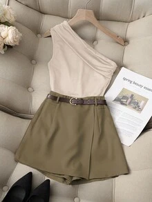 Franclia 休闲时尚百搭通勤高弹力纯黑色单肩百褶上衣配卡其色假口袋裙裤配腰带女士两件套 - 棕色 - 查看 3