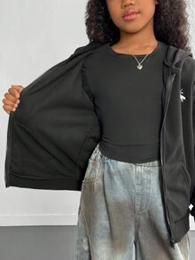 Embroidered Fleece Casual Fashionable Sweatshirt Jacket For Older Tween Girl Fall Winter - Black - View 9