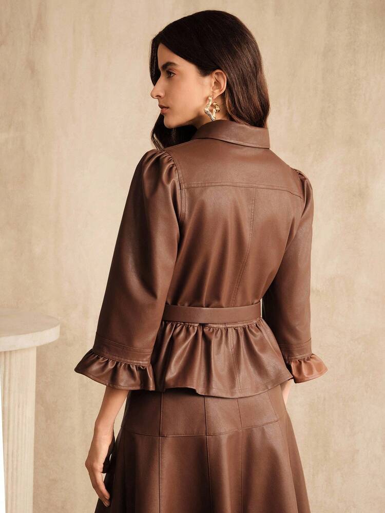 Blusa a maniche lunghe con arricciature in PU, elegante per il business e lo stile casual di strada, adatta per l'autunno/inverno