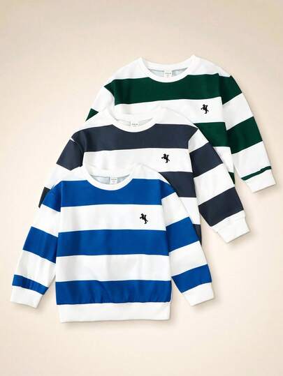 SHEIN Genkimix Kids 3pcs Young Boy Fashion Striped Long Sleeve T-Shirts - Featuring Tri-Color Striped Designs Accented By Elegant Horse Embroidery, Showcasing Unique Personalized. Blue, Olive Green, And Gray Stripes On White, Suitable For Everyday Wear And Outdoor Leisure, Helping You Stand Out. High-Quality Fabric, Comfy Exuding Refined Taste.