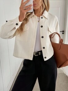 Easowa Veste décontractée ample et élégante pour femmes, avec col, boutons devant, poches, longueur courte, en tissu jacquard tweed pour l'automne/hiver - Nude - Voir 1