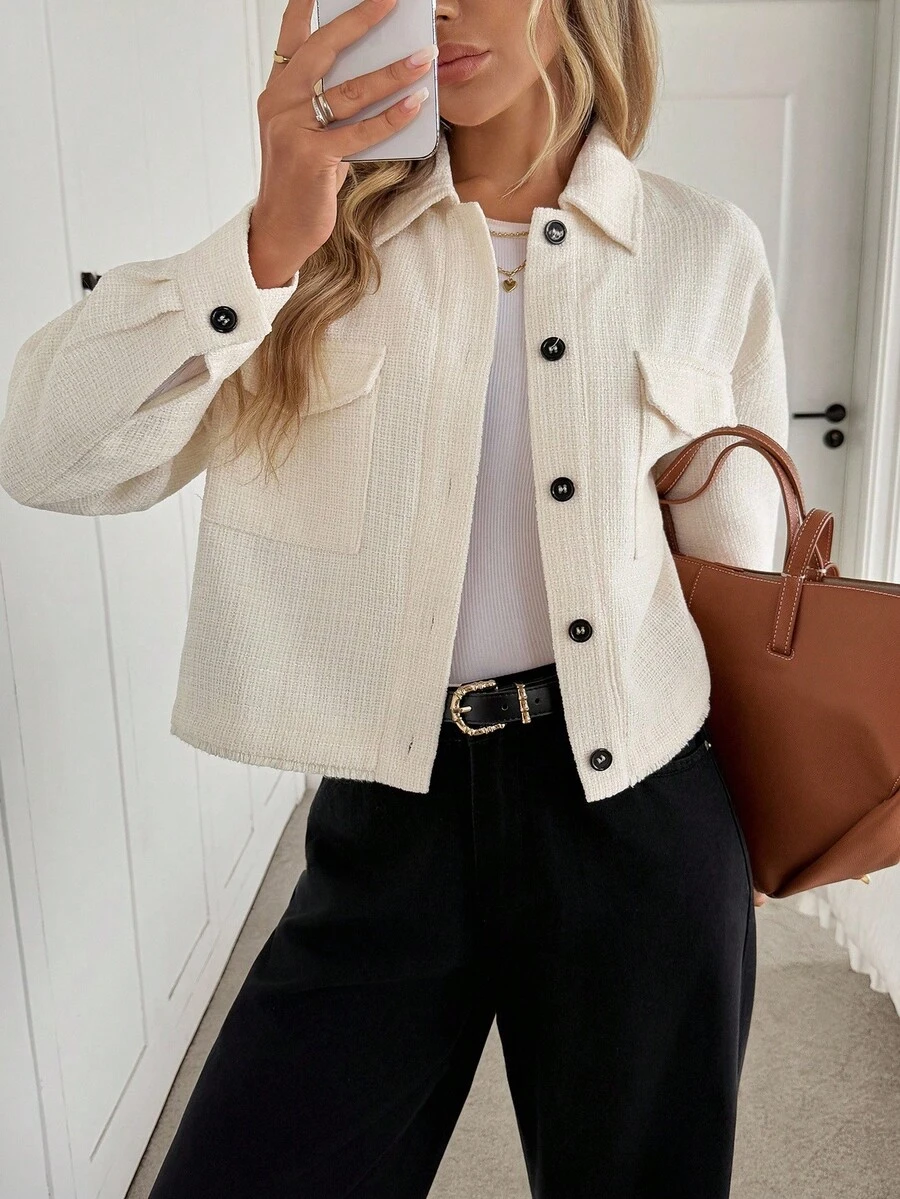 Easowa Veste décontractée ample et élégante pour femmes, avec col, boutons devant, poches, longueur courte, en tissu jacquard tweed pour l'automne/hiver - Nude - Voir 1
