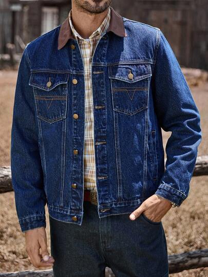 Manfinity Nomadique 男士休闲街头风刺绣贴袋抗皱耐穿蓝色牛仔夹克，秋季款