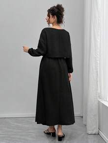 SHEIN 2 件孕妇套装：宽松船领长袖上衣和 A 字腰抽绳裙 - 黑色 - 查看 2