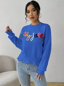 SHEIN LUNE 女士休闲字母刺绣毛衣，秋冬 - 寶藍色 - 查看 3