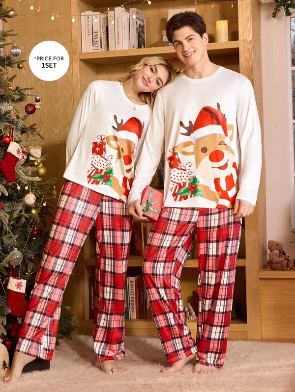 CoupledUp CoupledUp Set de pijamale cu imprimeu de reni de Crăciun cu pantaloni în carouri pentru bărbați, haine de toamnă și iarnă asortate pentru cupluri Set de pijamale de Crăciun Pijamale de dormit pentru cupluri Set de pijamale de Crăciun cu reni