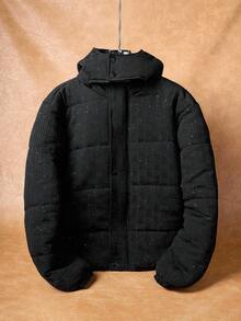 Manfinity Roghcode 男士纯色连帽休闲保暖绗缝棉服外套，格纹图案，冬季，秋季 - 黑色 - 查看 2