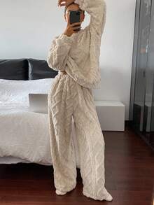 DAZY 女士加厚抓绒宽松蓬松睡衣套装，秋冬服装，舒适保暖 - 卡其色 - 查看 7