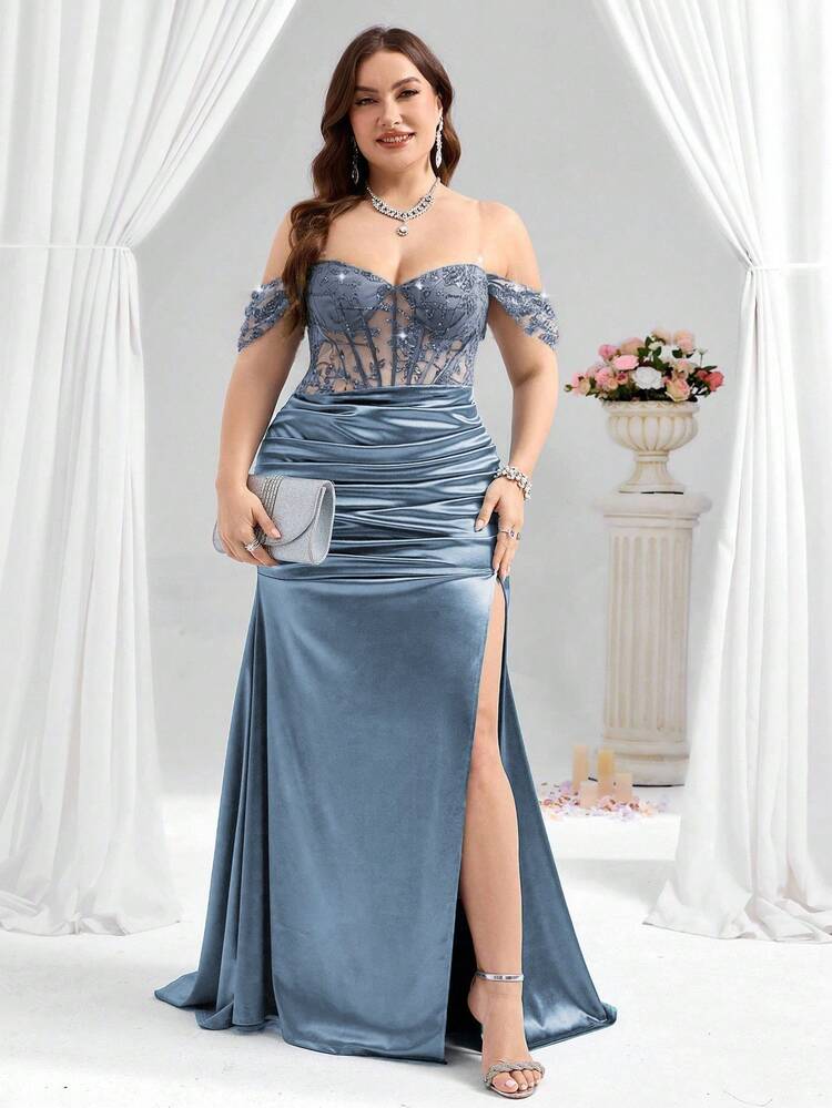 Coutiva Vestido de noche elegante y sexy con sección superior transparente, bordado de lentejuelas de peonía, dobladillo de satén plisado con abertura alta en la cadera, dobladillo de sirena, ideal para invitados de boda, ceremonia de graduación - Neblina azul - Añade 4