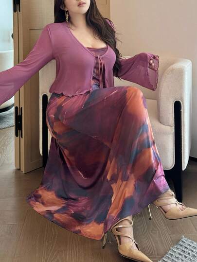 Vibekara Plus Size Women 2pcs Set: Solid Color Bell Sleeve Tie Front Kimono Cover Up & Tie-Dye Print Cami Dress, Romantic